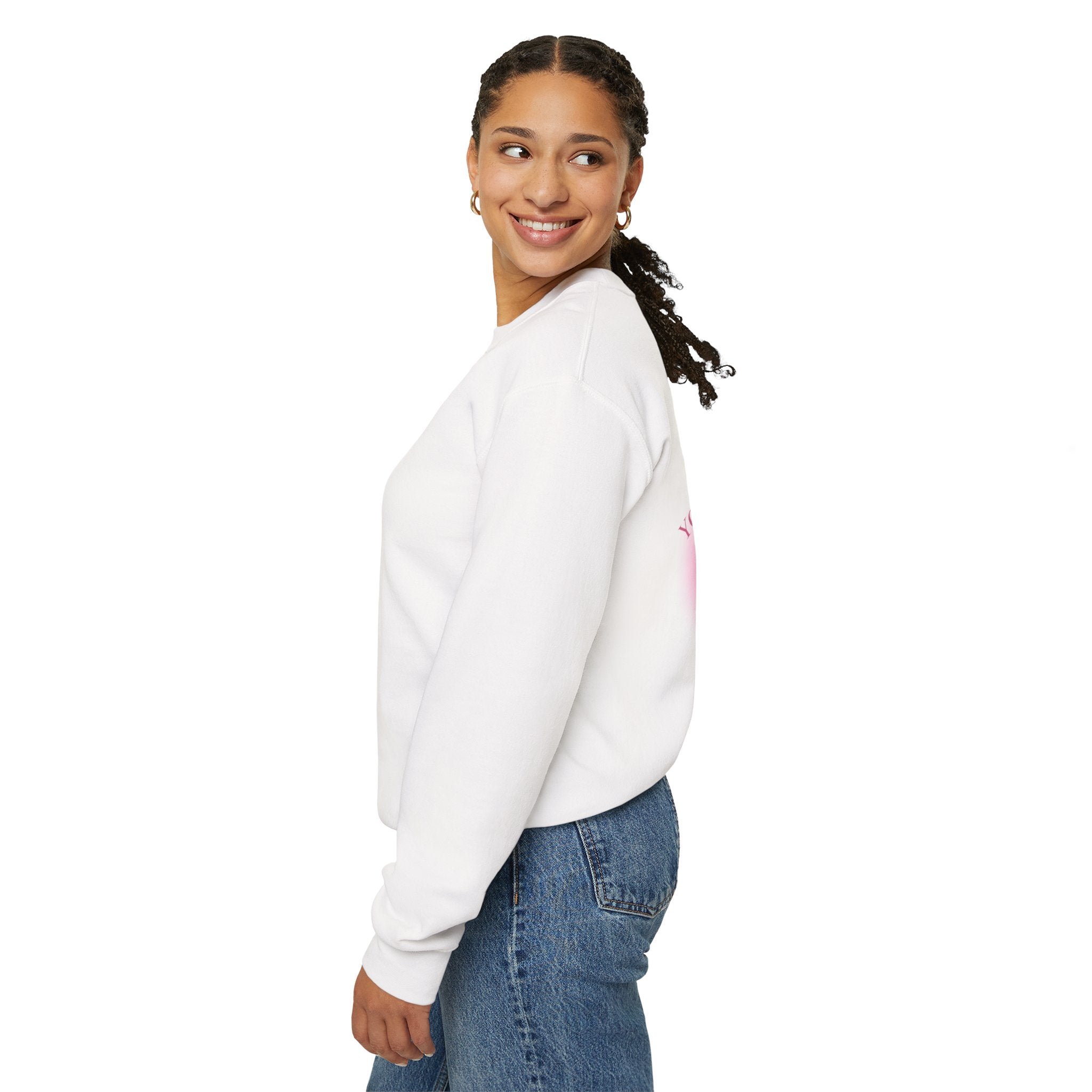 Crewneck Sweatshirt — "You Are Born To Be Loved" Pink Heart Back Design